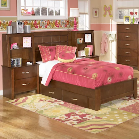 Twin Slat Detail Headboard Bed with Nightstand Piers and Underbed Storage